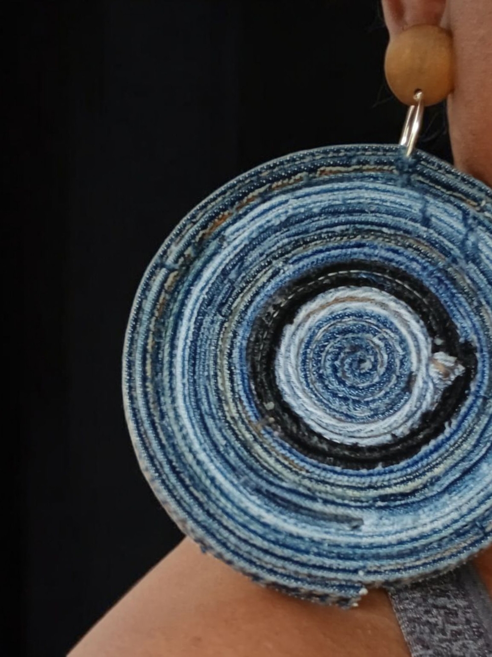 Spiral Denim Circle Statement Earring in Blue